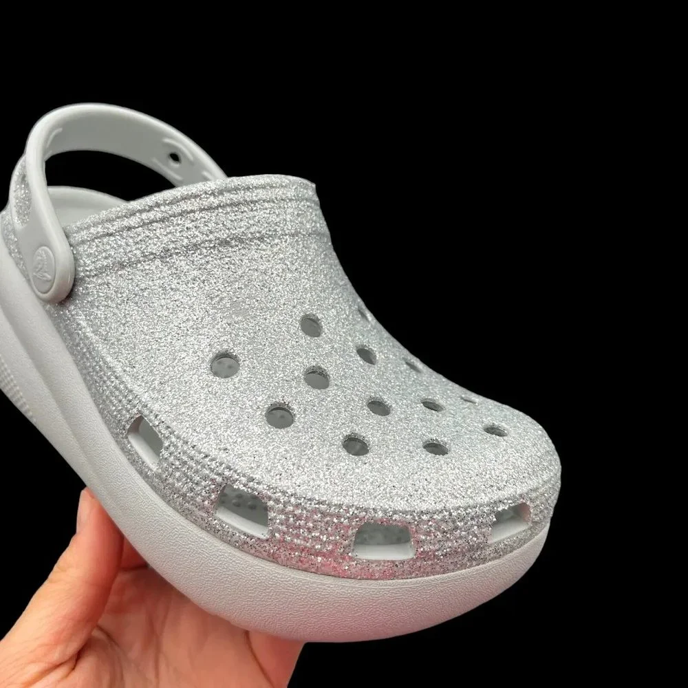 Crocs Youth Girls Platform Glitter Clog Size 2-3‎ Silver Slip-on Comfortable